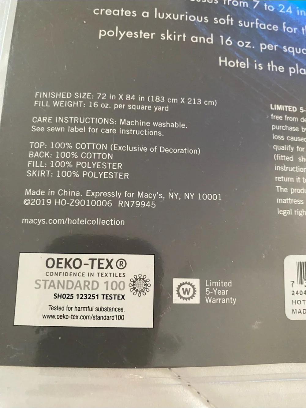 Hotel Collection 500 Thread Cotton Hypoallergenic Matress Pad CAL KING open box